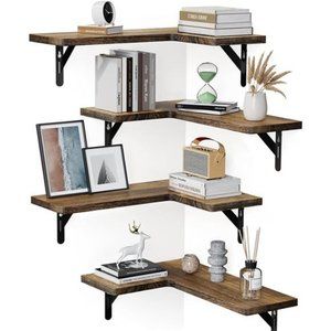 Corner Floating Shelves, Set of 4 Corner Wall Shelves, Shelves, Brown